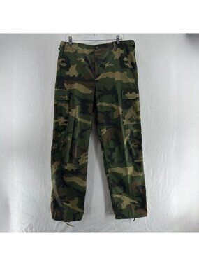 Duck Bay Woodland Camo Cargo Pants Mens 36 Button Down Adjustable Waist Green